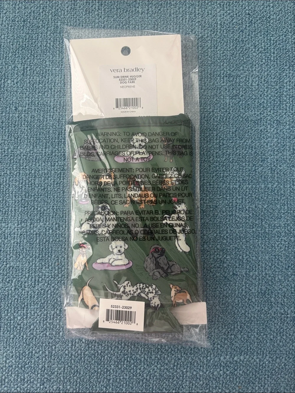 Vera Bradley Green Slim Drink Hugger with Doggie Print